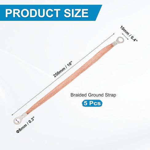 MECCANIXITY 5Pcs Braided Ground Strap 10" x 0.4" Copper Universal Automotive Flexible Bare Flat Ground Strap Connectors with Terminal Plugs for Most Car Vehicle in Saudi Arabia