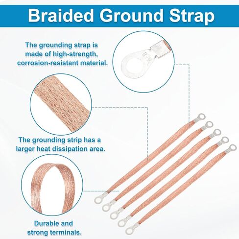 MECCANIXITY 5Pcs Braided Ground Strap 10" x 0.4" Copper Universal Automotive Flexible Bare Flat Ground Strap Connectors with Terminal Plugs for Most Car Vehicle in Saudi Arabia