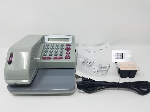 ماكينة كاتبة الشيكات الإلكترونية من UBICON بحبر أحمر - شاشة عرض 12 رقمًا، طباعة مقاومة للتلاعب، تدعم 16 عملة (خرطوشة إضافية + زجاجة حبر، أحمر) in Kuwait