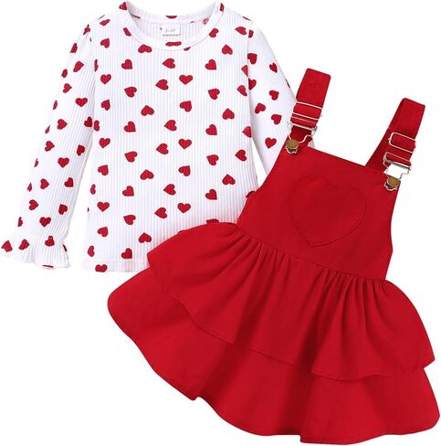 YOUNGER TREE Toddler Valentines Outfit Girl Kids Long Sleeve Heart Shirt Top Suspender Strap Red Skirts Set in Saudi Arabia