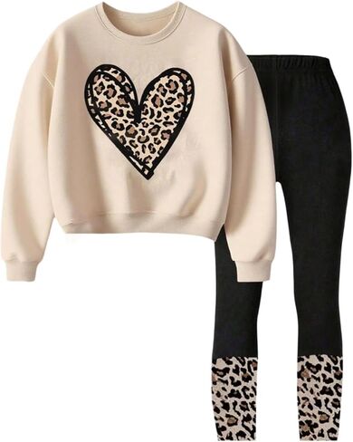 Verdusa Girl's 2 Piece Leopard Heart Outfits Fleece Sweatshirts with Leggings Comfy Matching Sets in Saudi Arabia
