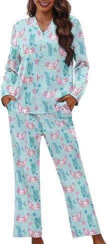 Soft Pajama Set For Women 2 Piece Lounge Set Button Down Long Sleeve Sleepwear in Saudi Arabia