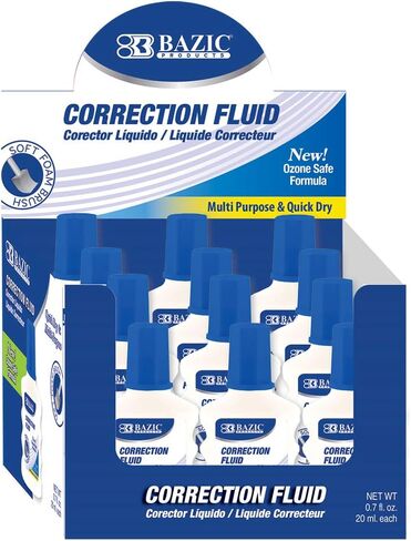 BAZIC Products Correction Fluid (0.7oz/20 ml), Foam Brush Applicator, Corrections Pen, Squeeze White Out Wipe Out Liquid, 12-Pack in Saudi Arabia