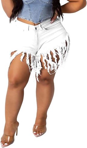 PINSV Women's Plus Size Fringe Denim Shorts Tassels Jean Short Pants in Saudi Arabia