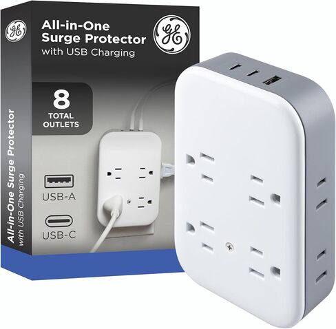 GE All-in-One Surge Protector Wall Tap, 8 Outlets (4 Grounded + 4 Polarized), 2 USB-C & 1 USB-A, 15W Shared, 1140J, Circuit Breaker, ETL Certified, White/Gray, 85633 in Saudi Arabia