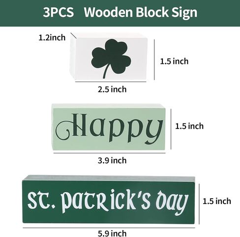 ديكورات يوم القديس باتريك - 3 قطع لافتة خشبية - ديكورات يوم القديس باتريك الكلاسيكية باللون الأبيض والأخضر للمنزل ورف الموقد وطاولة النافذة وديكور النافذة in Kuwait