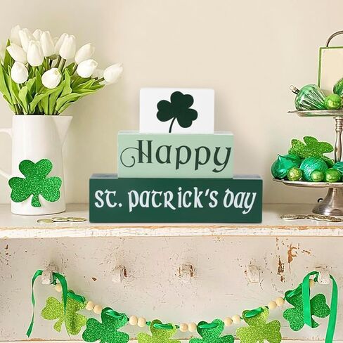 ديكورات يوم القديس باتريك - 3 قطع لافتة خشبية - ديكورات يوم القديس باتريك الكلاسيكية باللون الأبيض والأخضر للمنزل ورف الموقد وطاولة النافذة وديكور النافذة in Kuwait
