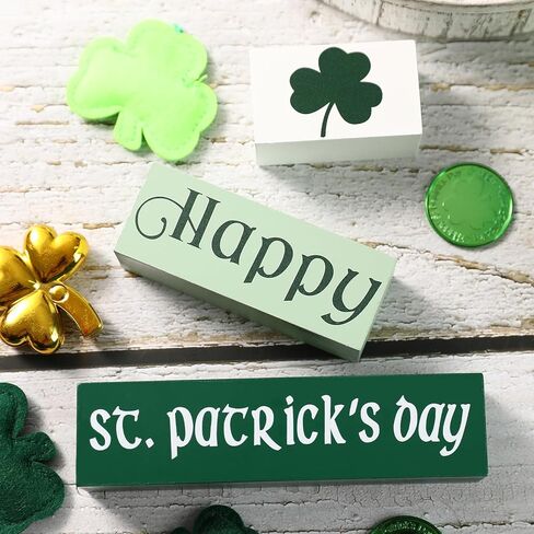 ديكورات يوم القديس باتريك - 3 قطع لافتة خشبية - ديكورات يوم القديس باتريك الكلاسيكية باللون الأبيض والأخضر للمنزل ورف الموقد وطاولة النافذة وديكور النافذة in Kuwait