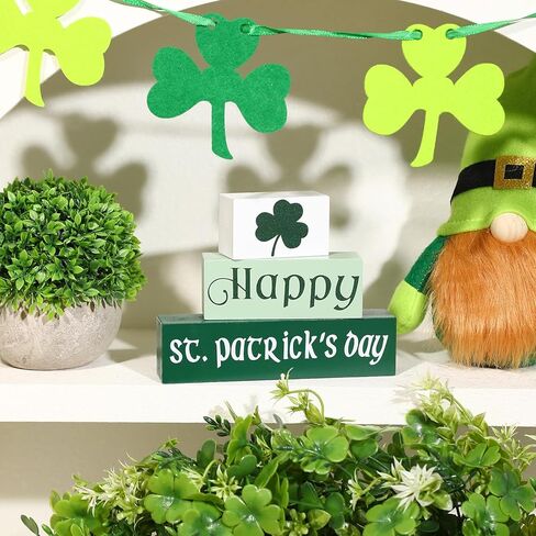 ديكورات يوم القديس باتريك - 3 قطع لافتة خشبية - ديكورات يوم القديس باتريك الكلاسيكية باللون الأبيض والأخضر للمنزل ورف الموقد وطاولة النافذة وديكور النافذة in Kuwait