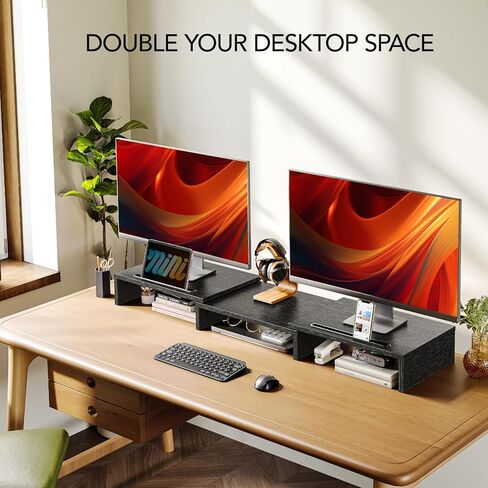 AMERIERGO Dual Monitor Stand Riser for 2 Monitors, Monitor Stand for Desk, Adjustable Computer Monitor Stand with 2 Slot, Multifunctional Desktop Organizer Stand for Laptop, PC, Computer, Printer in Kuwait