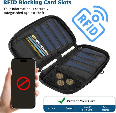 حامل جواز سفر عائلي من MoKo لـ 8 أشخاص، محفظة جواز سفر تحجب RFID مع فتحة بطاقة هوائية وحزام كتف، منظم وثائق السفر، محفظة سفر لأساسيات العطلات للتذاكر والبطاقات والنقود والمفاتيح، أسود in Kuwait