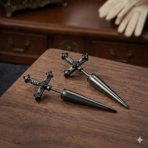Black Gothic Sword Earrings - 3D Front Back Dagger Ear Jackets for Men Women, Punk Medieval Grunge Jewelry, Vintage Gunmetal Tone Alloy Studs in Saudi Arabia