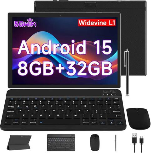 CUPEISI Android 15 Tablet 10.1 Inch 2 in 1 Tablets with Keyboard/Mouse/Case/Stylus, 8GB RAM+32GB ROM (Max 1TB), 1.8Ghz Quad-core Processor, 1280 * 800 IPS HD Touch Screen, 2.4G/5G Wifi6 BT 5.0 Tablet in Kuwait