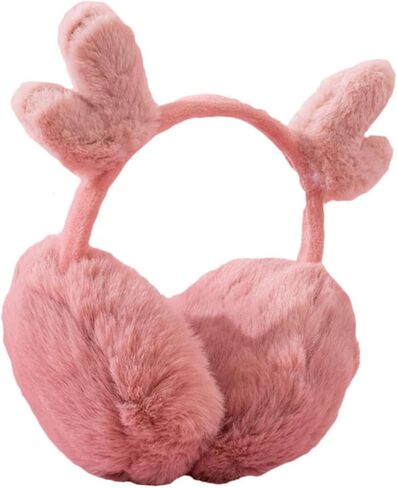 Winter Ear Warmer Plush Earmuffs with Antlers Pink Soft Warm Comfortable Cold Weather Accessories and Boys in Kuwait