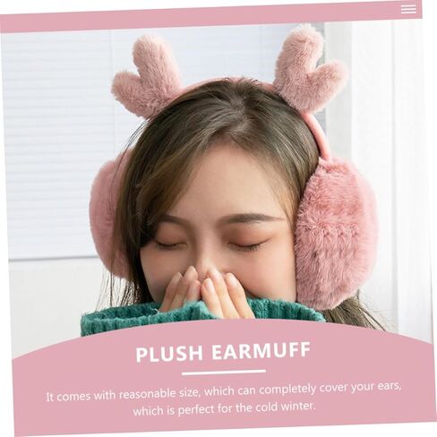 Winter Ear Warmer Plush Earmuffs with Antlers Pink Soft Warm Comfortable Cold Weather Accessories and Boys in Kuwait