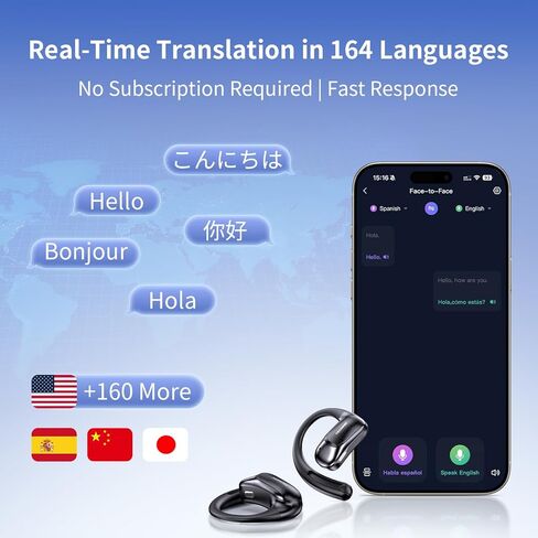 Translator Earbuds, AI Translation Earbuds Real-Time, 2-Way Voice Translation, 164 Languages, No Subscription, Up to 60H with Case, ENC Calls for Travel Business Study in Kuwait