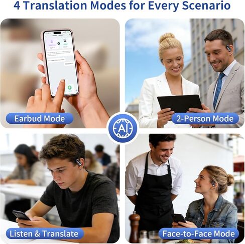 Translator Earbuds, AI Translation Earbuds Real-Time, 2-Way Voice Translation, 164 Languages, No Subscription, Up to 60H with Case, ENC Calls for Travel Business Study in Kuwait