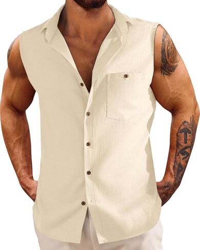Fommykin Men's Linen Sleeveless Shirts Button Down Beach Tank Top Basic Solid Shirt Vest with Pocket in Saudi Arabia