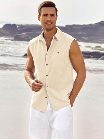 Fommykin Men's Linen Sleeveless Shirts Button Down Beach Tank Top Basic Solid Shirt Vest with Pocket in Saudi Arabia
