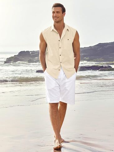 Fommykin Men's Linen Sleeveless Shirts Button Down Beach Tank Top Basic Solid Shirt Vest with Pocket in Saudi Arabia
