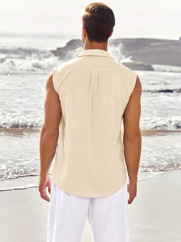 Fommykin Men's Linen Sleeveless Shirts Button Down Beach Tank Top Basic Solid Shirt Vest with Pocket in Saudi Arabia