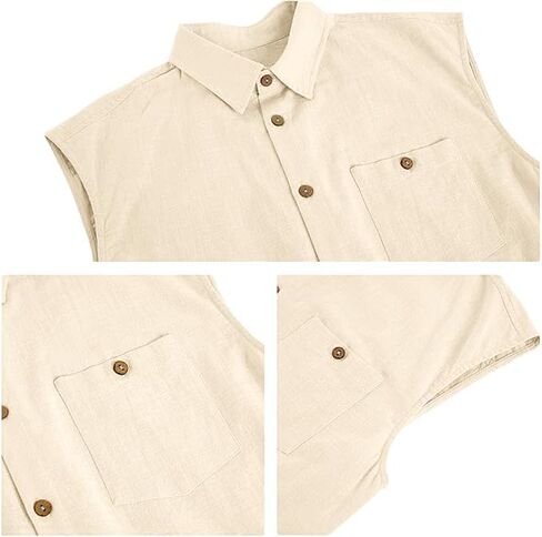 Fommykin Men's Linen Sleeveless Shirts Button Down Beach Tank Top Basic Solid Shirt Vest with Pocket in Saudi Arabia