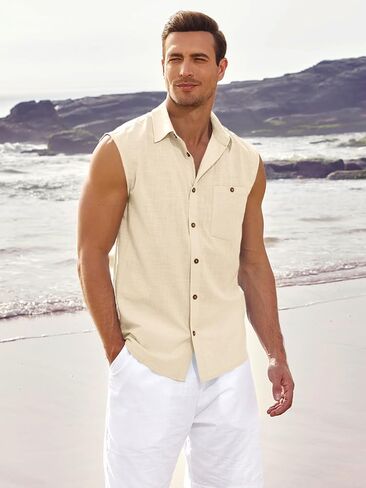 Fommykin Men's Linen Sleeveless Shirts Button Down Beach Tank Top Basic Solid Shirt Vest with Pocket in Saudi Arabia