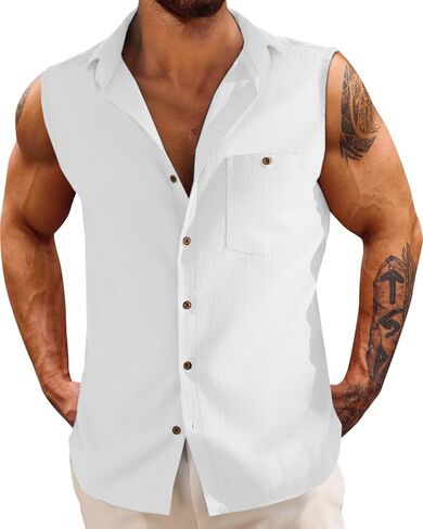 Fommykin Men's Linen Sleeveless Shirts Button Down Beach Tank Top Basic Solid Shirt Vest with Pocket in Saudi Arabia