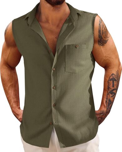 Fommykin Men's Linen Sleeveless Shirts Button Down Beach Tank Top Basic Solid Shirt Vest with Pocket in Saudi Arabia