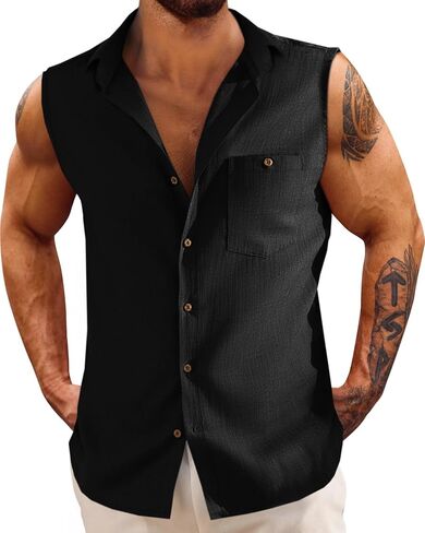 Fommykin Men's Linen Sleeveless Shirts Button Down Beach Tank Top Basic Solid Shirt Vest with Pocket in Saudi Arabia