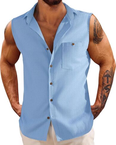 Fommykin Men's Linen Sleeveless Shirts Button Down Beach Tank Top Basic Solid Shirt Vest with Pocket in Saudi Arabia