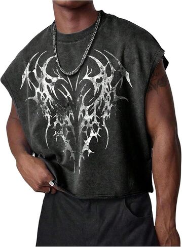Men's Grunge Graphic Cropped Tank Tops Y2K Dolman Sleeve Washed Cut Off T Shirts Streetwear in Saudi Arabia