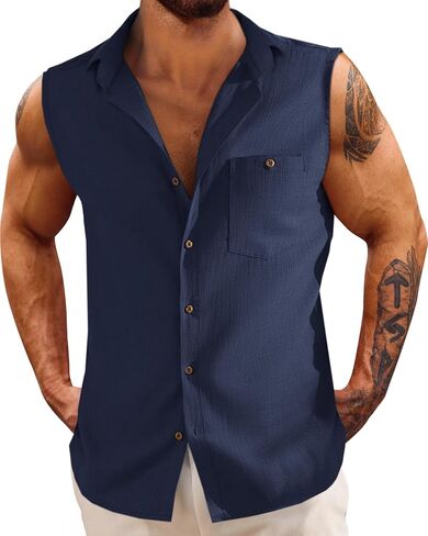 Fommykin Men's Linen Sleeveless Shirts Button Down Beach Tank Top Basic Solid Shirt Vest with Pocket in Saudi Arabia