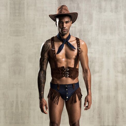 مجموعة أزياء رعاة البقر المثيرة للرجال، قبعة غربية، منديل رقبة خرقة برية زرقاء، حزام صدر قابل للتعديل، سروال قصير برشام شرابة لحفلات عيد الهالوين وعيد الحب وحفلات الأداء في الملهى الليلي in Saudi Arabia