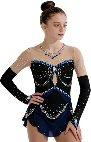 ROYAL SMEELA Figure Skating Rhinestone Dress for Girl Beaded Ice Costume for Girls Long Sleeves Mesh Competition Outfit in Saudi Arabia