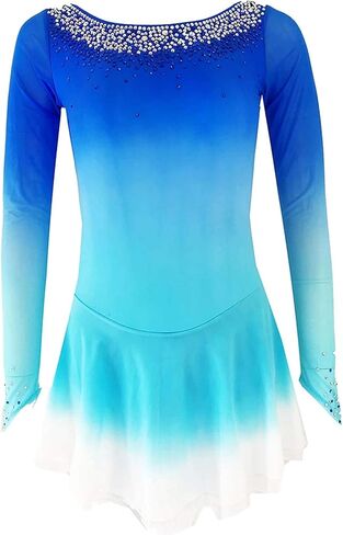 Figure Skating Dress for Girls and Women, Classic Rhinestone Ice Skirt, Long-Sleeved, Custom-Made, Competition Performance,Blue,8Years in Saudi Arabia