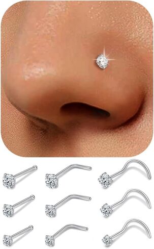 9 Pcs Titanium Nose Rings Studs Set, 20G Nose Studs for Women Men Sensitive Skin - L Shaped & Straight & Corkscrew Nose Rings for Women, 2mm-3mm Diamond CZ Nose Ring Stud, Nostril Nose Piercing Jewelry in Saudi Arabia
