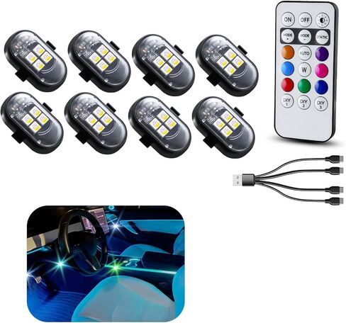 ترقية 2 قطعة أضواء LED لاسلكية للسيارة مع جهاز التحكم عن بعد، قابلة للشحن مقاوم للماء 8 ألوان ضوء السيارة الداخلي، أضواء LED صغيرة ستروب للمركبة بدون طيار دراجة نارية in Kuwait