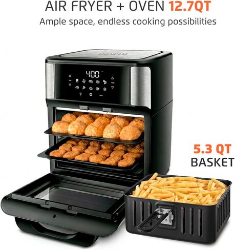 Air Fryer Oven 1800W ، 12.7qt ، لوحة شاشة تعمل باللمس ، الإغلاق التلقائي-الفولاذ الأسود واللاشتعال-Mondial in Kuwait