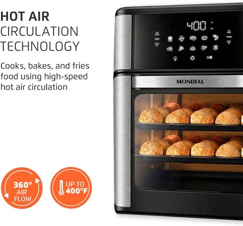 Air Fryer Oven 1800W ، 12.7qt ، لوحة شاشة تعمل باللمس ، الإغلاق التلقائي-الفولاذ الأسود واللاشتعال-Mondial in Kuwait