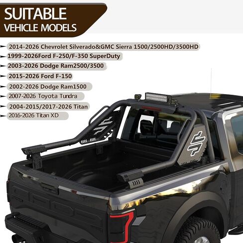 YR02L Roll Bar for Full Size Pickup Truck,Compatible with Ram1500/2500/3500|F-150/F-250/F-350|Silverado1500/2500|Serria1500/2500|Titan|Tundra. No Drill Installation,with Light Mount in Saudi Arabia