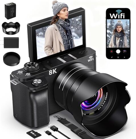 كاميرا رقمية 4K للتصوير الفوتوغرافي - كاميرا Vlogging 64 ميجابكسل لـ YouTube - كاميرا فيديو ذات تركيز تلقائي 4K مع 18x Zoom ， هدية كاميرا مضغوطة للبنين والبنات المبتدئين in Kuwait