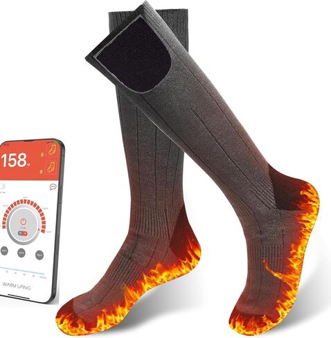 جوارب قابلة لإعادة الشحن بقدرة 5000 مللي أمبير في الساعة للرجال والنساء، جوارب تزلج يتم التحكم فيها عن طريق التطبيق، جوارب حرارية قابلة للغسل في الغسالة للتزلج والصيد وصيد الأسماك وركوب الخيل (تطبيق أنماط جيري سوداء) in Kuwait