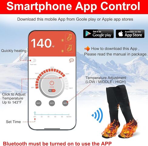 جوارب قابلة لإعادة الشحن بقدرة 5000 مللي أمبير في الساعة للرجال والنساء، جوارب تزلج يتم التحكم فيها عن طريق التطبيق، جوارب حرارية قابلة للغسل في الغسالة للتزلج والصيد وصيد الأسماك وركوب الخيل (تطبيق أنماط جيري سوداء) in Kuwait