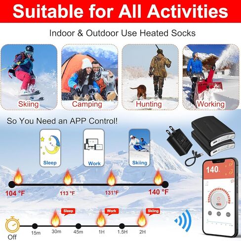 جوارب قابلة لإعادة الشحن بقدرة 5000 مللي أمبير في الساعة للرجال والنساء، جوارب تزلج يتم التحكم فيها عن طريق التطبيق، جوارب حرارية قابلة للغسل في الغسالة للتزلج والصيد وصيد الأسماك وركوب الخيل (تطبيق أنماط جيري سوداء) in Kuwait