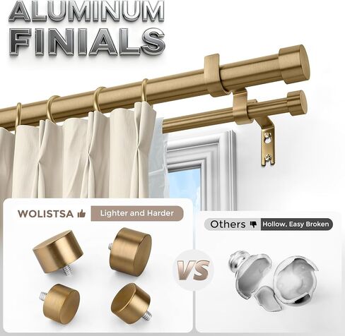 Warm Gold Double Curtain Rod, Brass Dual Curtain Rods for Windows 36 to 72 Inch, 1 Inch Adjustable Heavy Duty Spliced Double Rod, Pro-Plating Process, Aluminium Finials in Kuwait