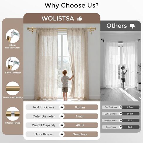 Warm Gold Double Curtain Rod, Brass Dual Curtain Rods for Windows 36 to 72 Inch, 1 Inch Adjustable Heavy Duty Spliced Double Rod, Pro-Plating Process, Aluminium Finials in Kuwait