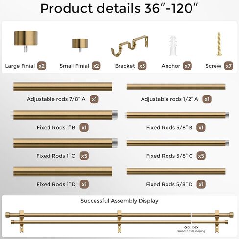Warm Gold Double Curtain Rod, Brass Dual Curtain Rods for Windows 36 to 72 Inch, 1 Inch Adjustable Heavy Duty Spliced Double Rod, Pro-Plating Process, Aluminium Finials in Kuwait