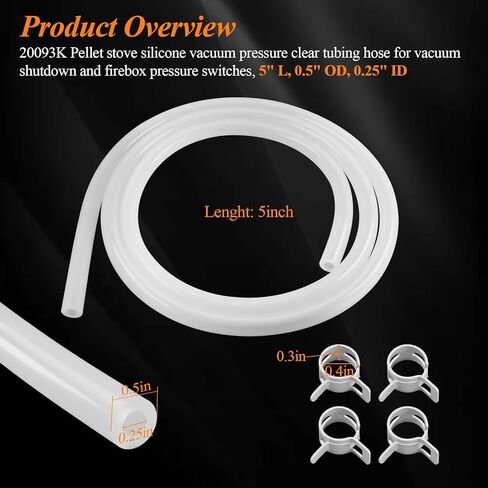 20093K Pellet Stove Silicone Vacuum Pressure Hose for Vacuum Shutdown and Firebox Pressure Switches, Fit for Most Englander Pellet Stove Models, 5 Feet Clear Tubing Hose with 4 Clips, Part# PU-VH in Kuwait