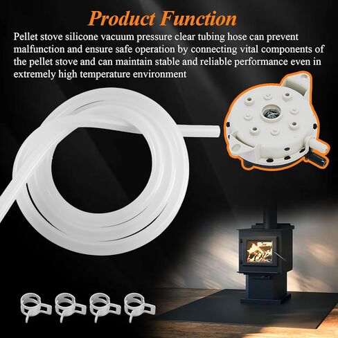 20093K Pellet Stove Silicone Vacuum Pressure Hose for Vacuum Shutdown and Firebox Pressure Switches, Fit for Most Englander Pellet Stove Models, 5 Feet Clear Tubing Hose with 4 Clips, Part# PU-VH in Kuwait
